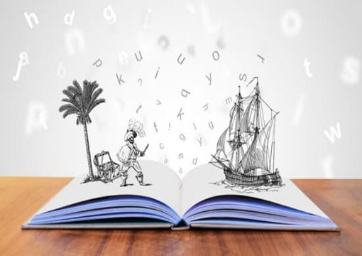 Un livre ouvert avec des illustrations en 3D et des lettes qui flottent dans l'air